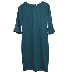 Old Navy Womens Dress Medium Emerald Teal Sheath Ruffle Sleeve Career